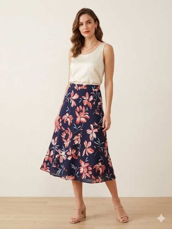 Hutch NWT Floral Midi Skirt Navy Pink Size 6 Anthropologie Style Satin Feel - Picture 2 of 10